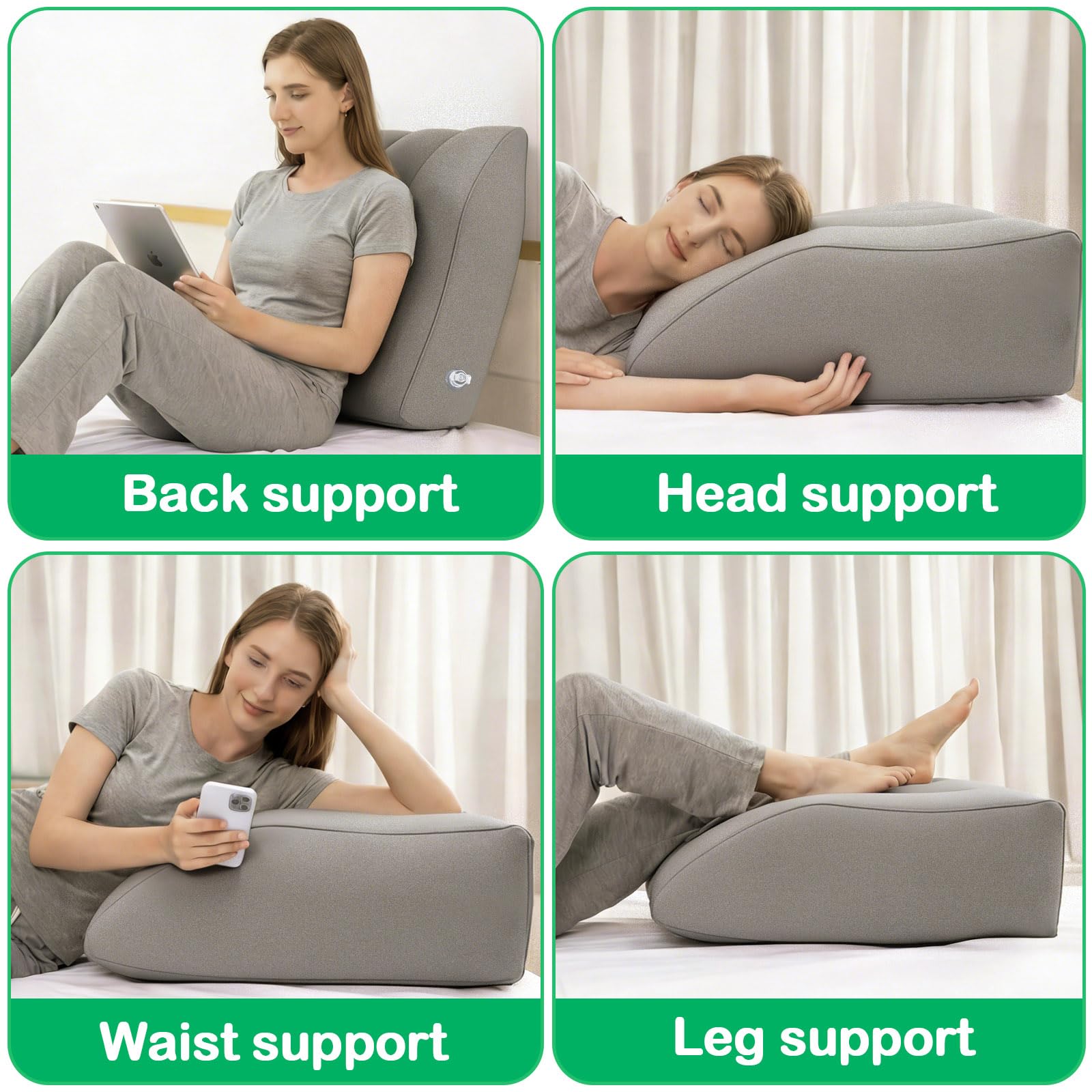 Cuscino Alza Gambe Gonfiabile per Tenere le Gambe Alte a Letto Cuscino a Cuneo per Dormire Riposo e Relax - Grigio