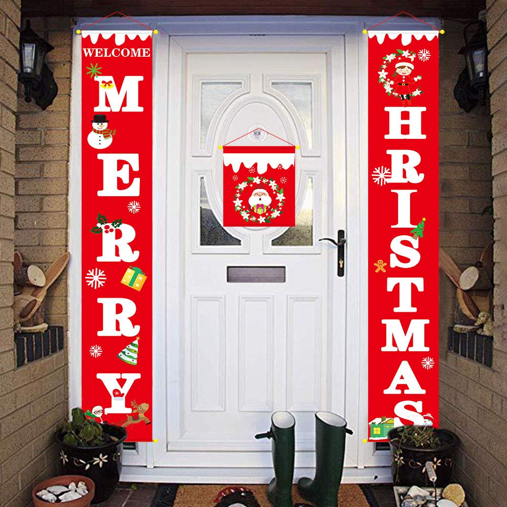 YISEAMerry Christmas Banners, Home Outdoor Indoor Christmas Decorations Welcome Bright Red Xmas Porch Sign Hanging for Home Wall Door Holiday Party Christmas Decor (Red-Christmas Banner)