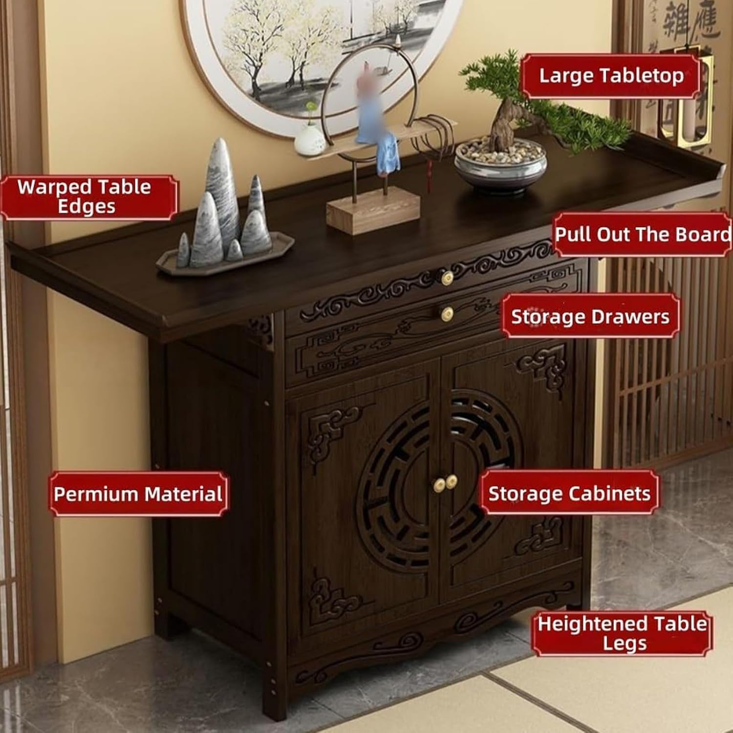 Shrine Altar Table, Meditation Table with Storage, Chinese Buddha Niche Cabinet, Bamboo Prayer Buddha Altar Tables, Prayer Altar for Living Room, Bedroom, Office(Brown,66cm/25.9in)