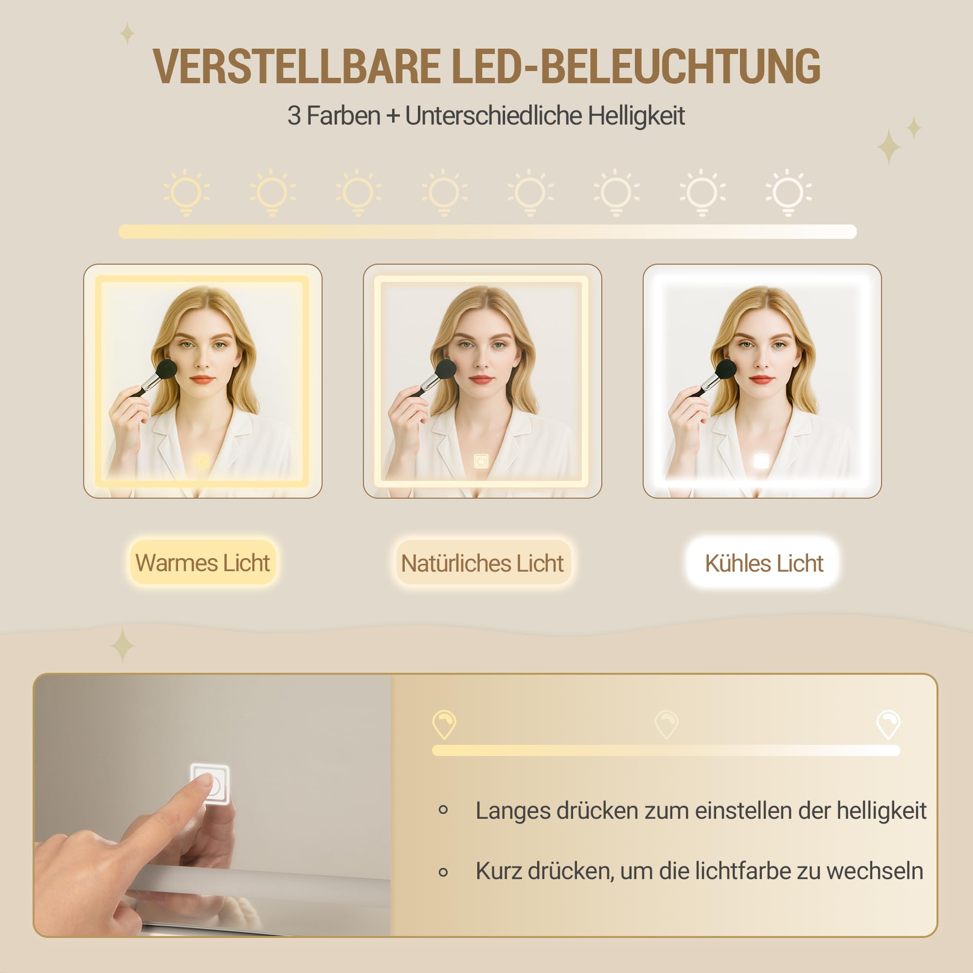 Hzuaneri Große Schminktisch mit LED-Beleuchtung, 3 Farben, Helligkeitsregulierung, Schminktisch mit Spiegel, 9 Schubladen, 9 offenen Ablagen, Moderner Stil, Weiß-Silber DT41903W