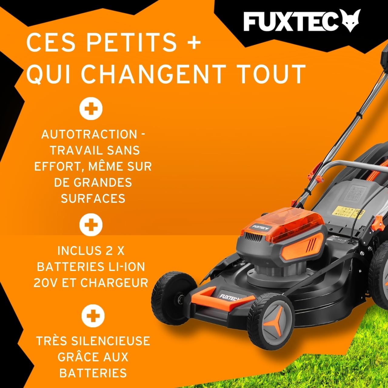 FUXTEC Tondeuse à Gazon sans Fil 40V FX-E2RM46 • Autotractée avec 2 Batteries 4Ah et Double Chargeur • Coupe 46 cm • Mulching et Éjection Latérale • Bac 50L • Hauteur de Coupe 25–75 mm