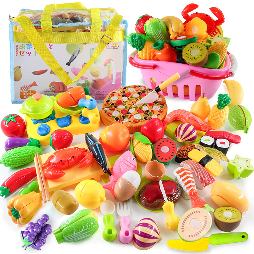 Button Moon おままごとセット 60PCS キッチンおもちゃ バスケット付き 知育玩具 子供 果物 野菜 DIY寿司 海鮮 食品衛生法に合格 ままごと用調理器具 親子遊び おもちゃ プレゼント 男の子 女の子 ごっこ遊び