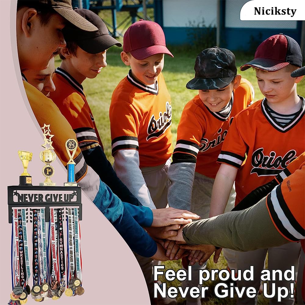 Porte Médaille Running, Présentoir de Médailles Never Give Up Support Mural pour Médailles, Porte-Médailles en Métal pour le Rangement des Médailles de Prix Olympiques pour Enfants et Adultes