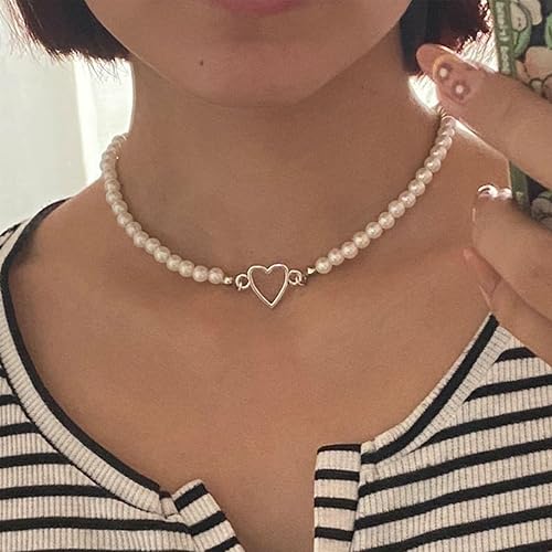 Miniatura 4 de YienDoo Gargantilla de perlas bohemias, cadena con dije de corazón plateado, para damas de honor, para bodas, damas de honor, gargantilla de perlas