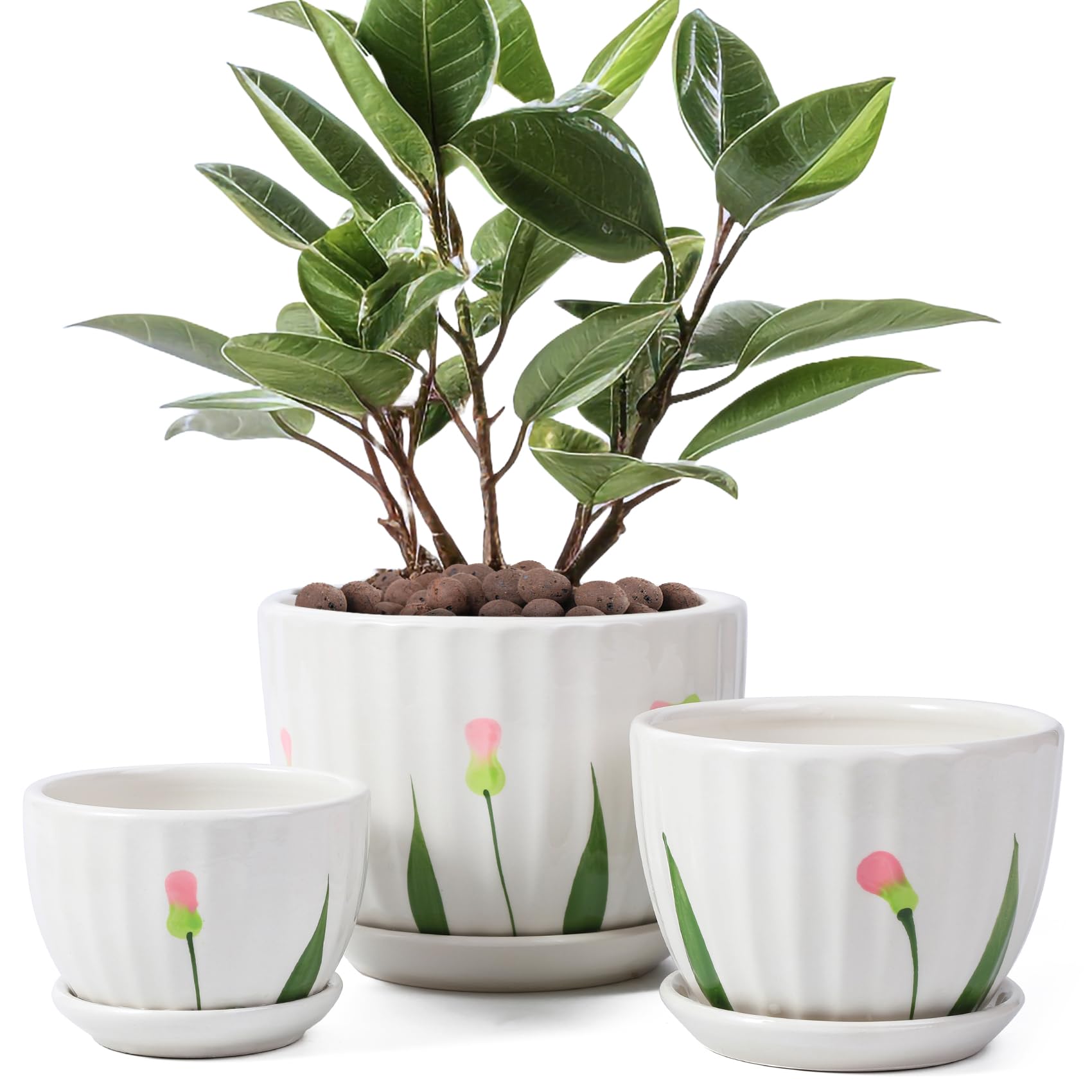 Ceramic Plant Pots with Drainage Holes and Saucers, Round White Flower Pots for Indoor Plant, Diameter 3.3/4.3/5.5 Inches Small Flower Planters Set of 3