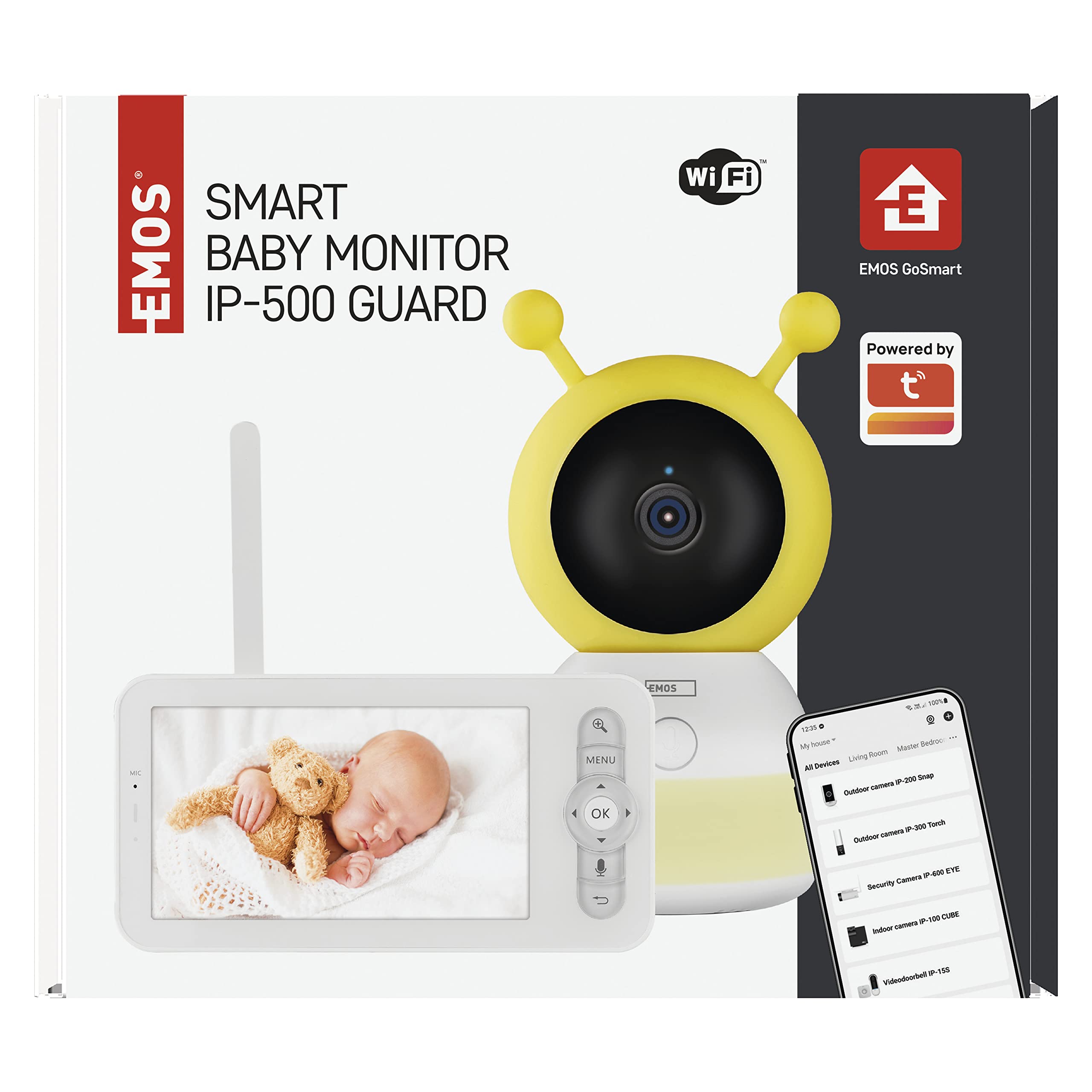EMOS GoSmart Babyphone IP-500 Guard con monitor LCD da 5" e batteria da 3000 mAh, Wi-Fi e app, girevole, messa a fuoco, audio a 2 vie, visione notturna IR, sensore intelligente e funzioni di