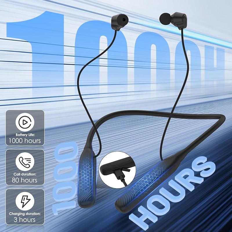 （1-Year Quality Support)Around the Neckband Bluetooth Headphones, 1000H Extra Long Battery Life with Magnetic Earphones,Wireless Earbuds with Mic,Waterproof In-Ear Headset for Sports/Gym (Black) image 3