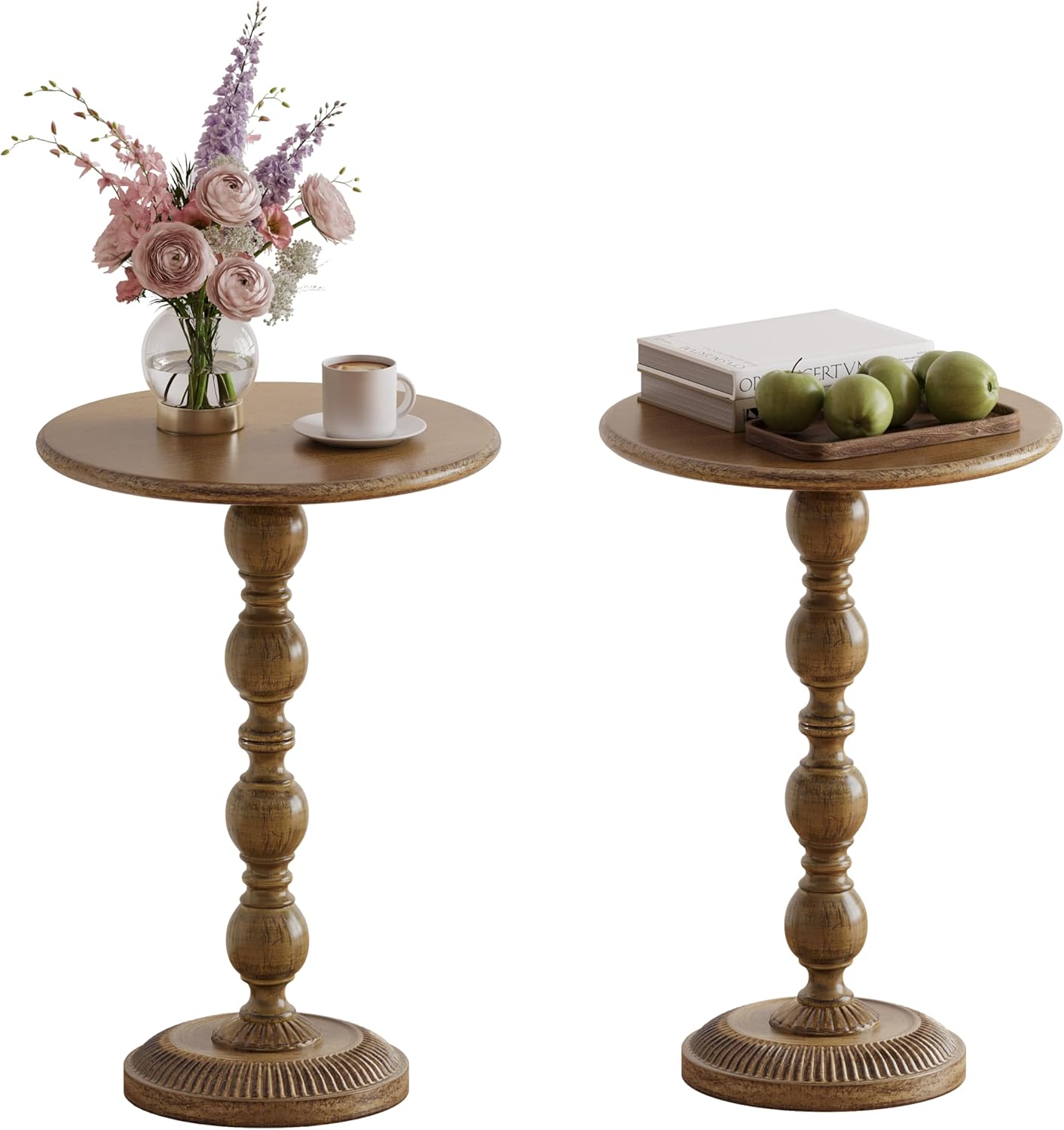 Small Round Metal Side Table, Lightweight Decorative Drink Table with Vintage Roman Column, Retro Distressed Accent Table for Living Room, Bedroom, Corners (2, Bronze)