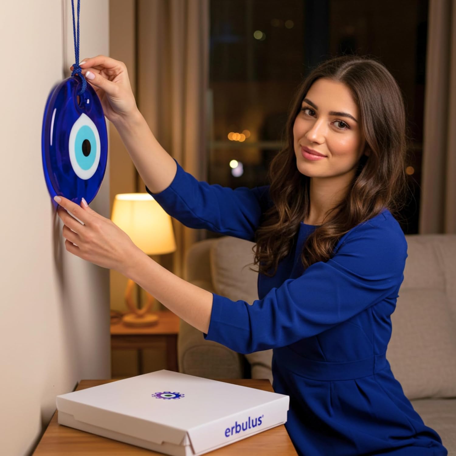 7" Glass Blue Evil Eye Wall Hanging Ornament - Turkish Handmade Nazar Amulet - Home Protection Charm - Wall Decor in a Box