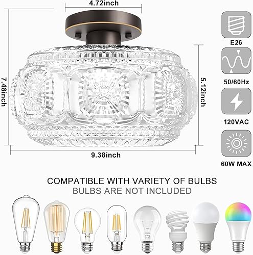 Miniatura 3 de OYKYOHEI Lámpara de techo semiempotrada, lámpara de techo de vidrio globo, bronce aceitado con ribete dorado, iluminación moderna para pasillo,