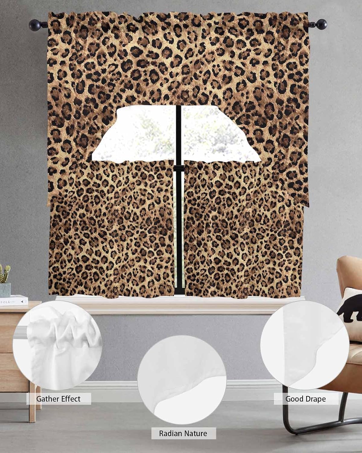 Leopard Printed Kitchen Curtains Sets for Windows 3 Piece, Modern Animals Textured Brown Kitchen Curtains and Valances Tier Set 36 Inch Length Swag Curtain for Living Room Cafe Bathroom Bedroom
