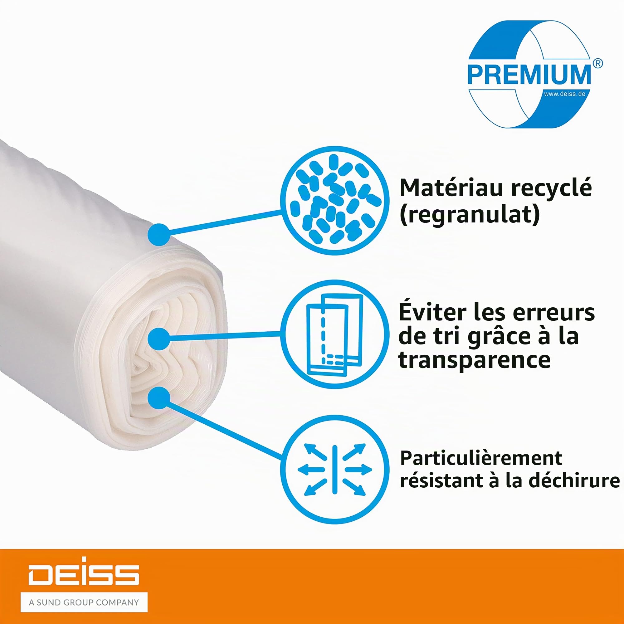 Sacs poubelle DEISS Premium, Blanc ou transparent, 70 ou 120 l, 120 Liter - Typ 60, transparent, 1