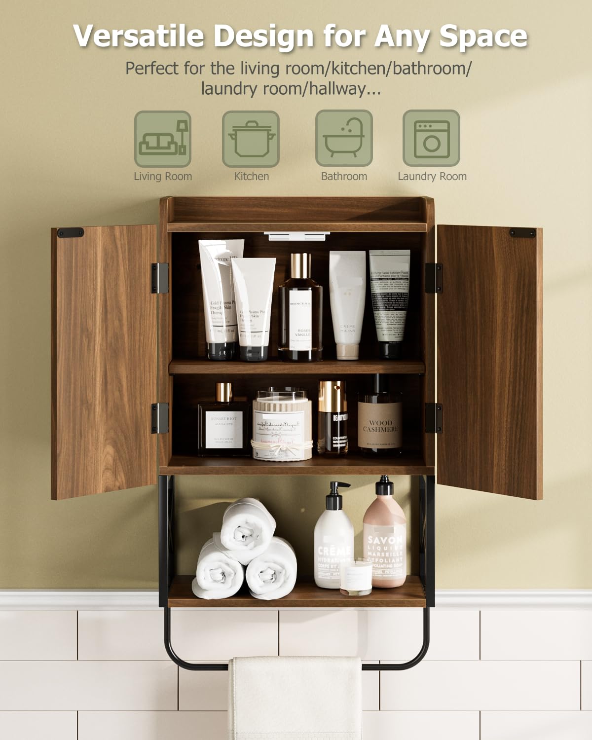 Armadietto Da Parete Per Bagno OONNEE – Nero, Legno MDF, 2 Ante Con Chiusura Soft Close, Ripiano Regolabile, Mobile Sopra WC