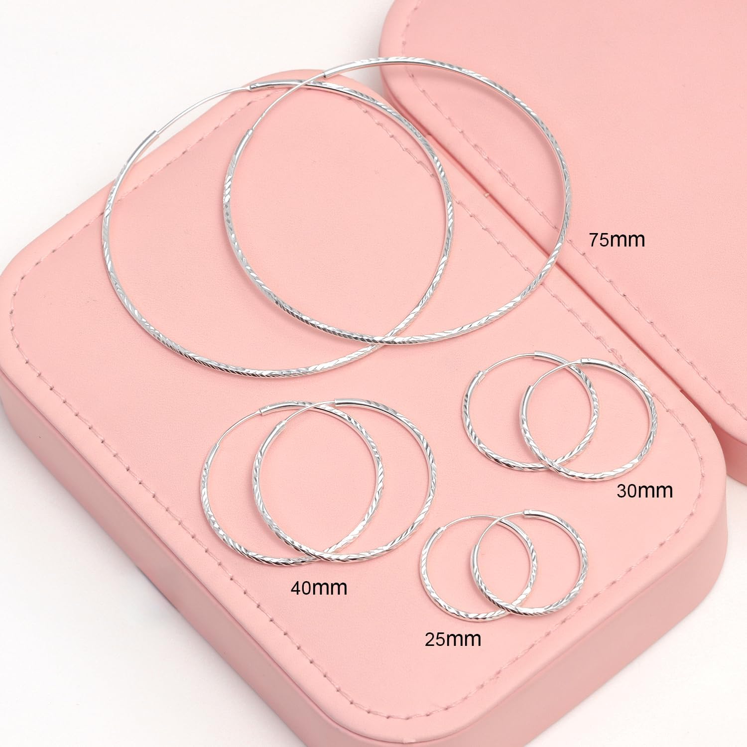 LeCalla 925 Sterling Silver Hoop Earrings for Women | 2MM Diamond-Cut Sleeper Hoop Earrings | Round Circle Endless Hoop Earring (20MM, 30MM, 40MM, 75MM) - Image 3