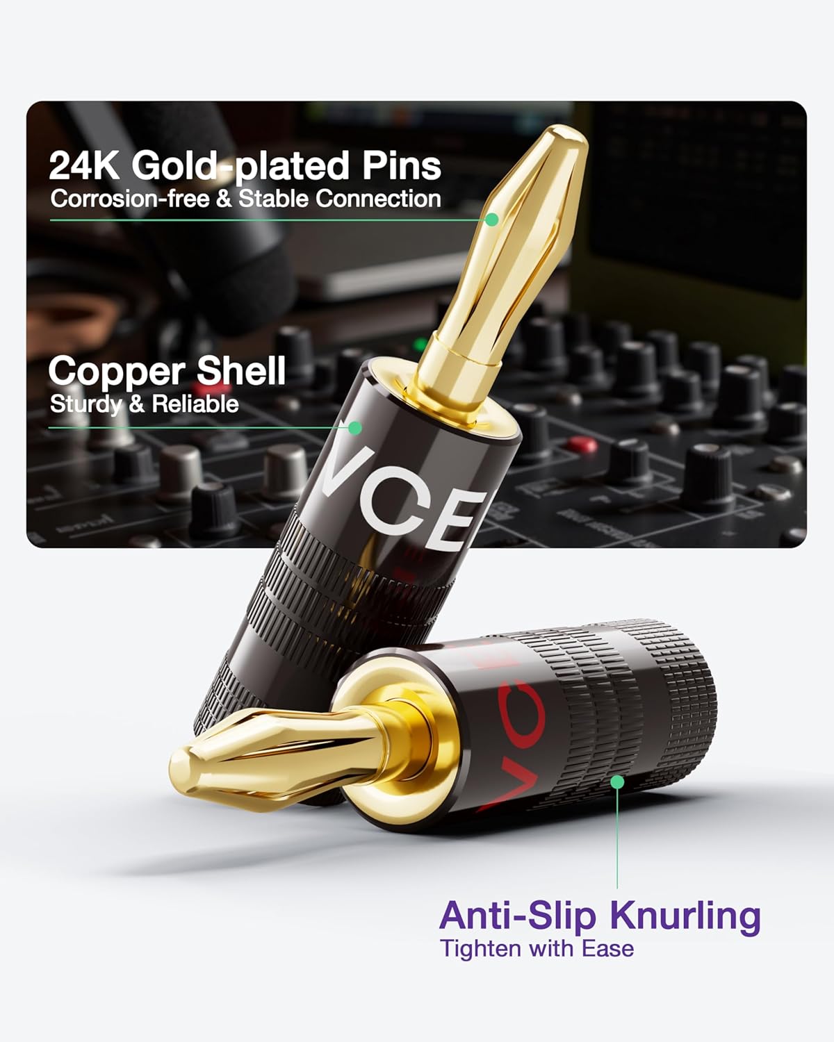 VCELINK Banana Plugs, Speaker Wire Connectors, 4mm 24K Gold Plated Dual-Screw Type for 12-18 AWG Wire, Wall Plate, Audio/Video Receiver, Sound Systems, and Home Theater(6 Pairs (12 pcs)) - Image 2