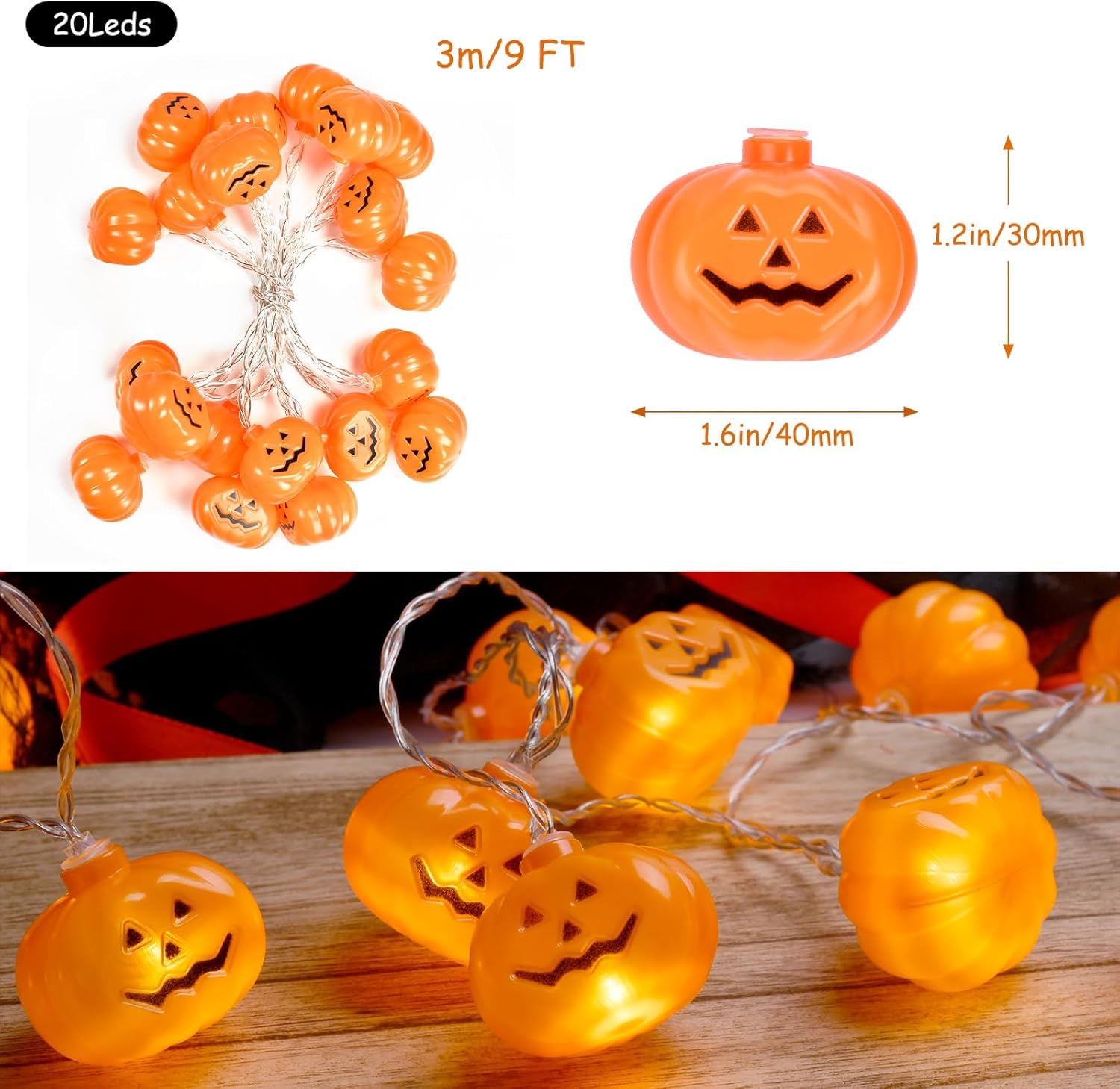 EvaStary Halloween Lichterkette – 3 M, 20 LED Kürbisse, Orange, Batteriebetrieben, Wasserfest (2 Modi: Dauer & Blitz)