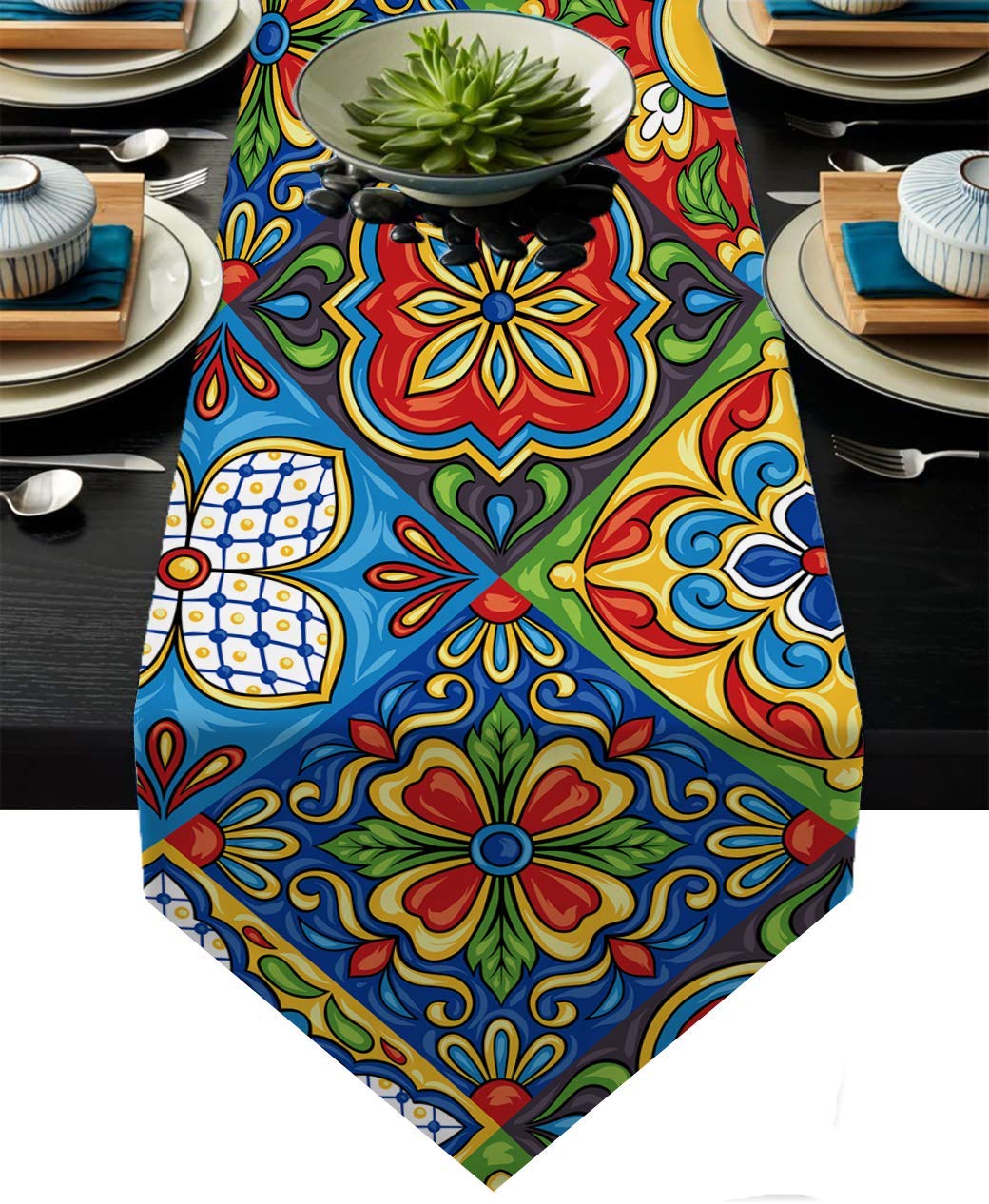Talavera Ceramic Tile Linen Table Runner: Home Decor Essential Talavera Ceramic Tile Linen Table Runner: Home Decor Essential