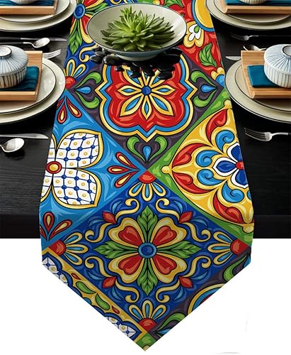 Mexican Talavera Ceramic Tile Pattern Linen Table Runners Dinner Table