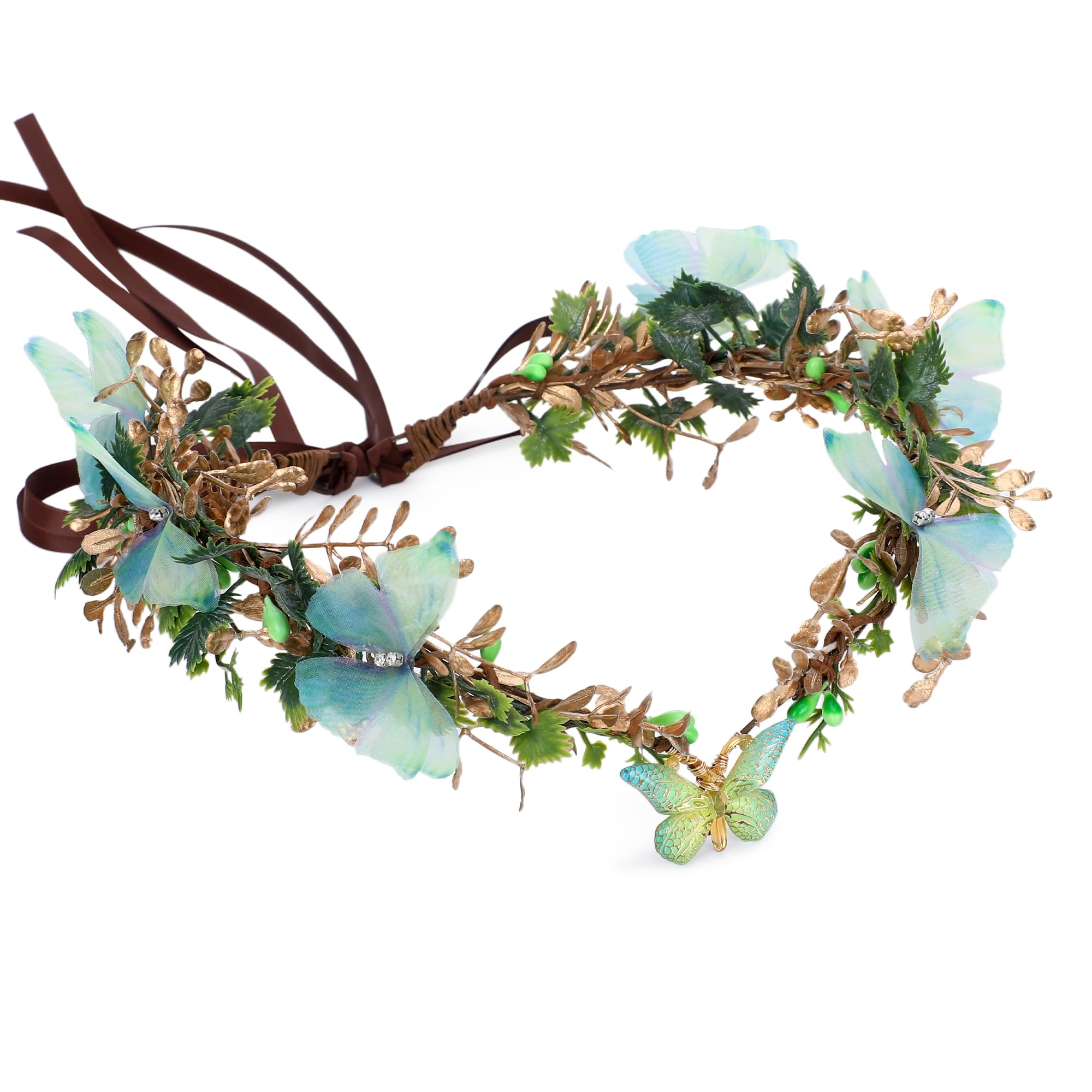 Tiara forestal verde dorado hecha a mano con mariposas tridimensionales 5