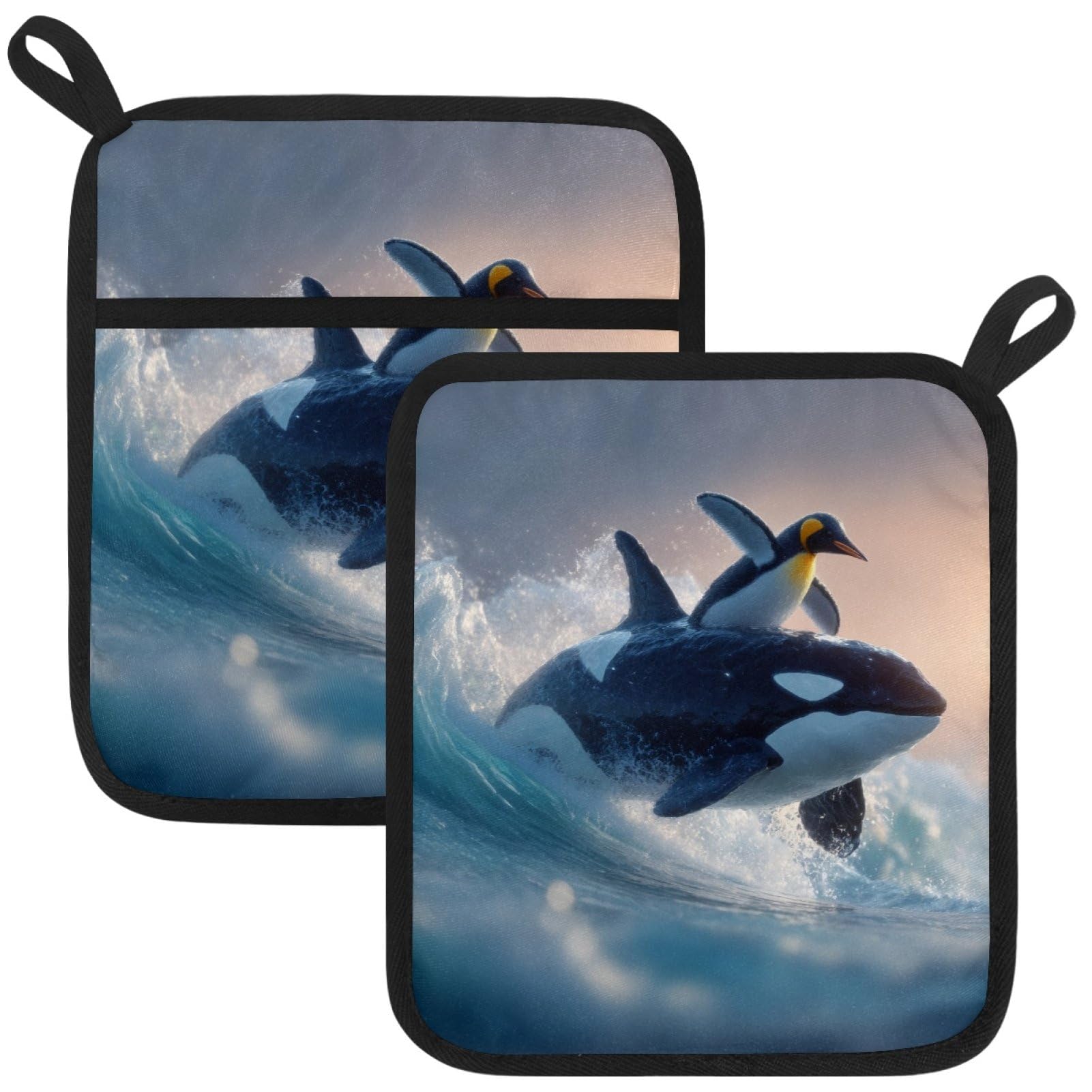 VAPOKF Penguin Whale Pot Holders with Pocket for Kitchen Heat Resistant Potholders Large Polyester-Cotton Square Oven Mitts Set