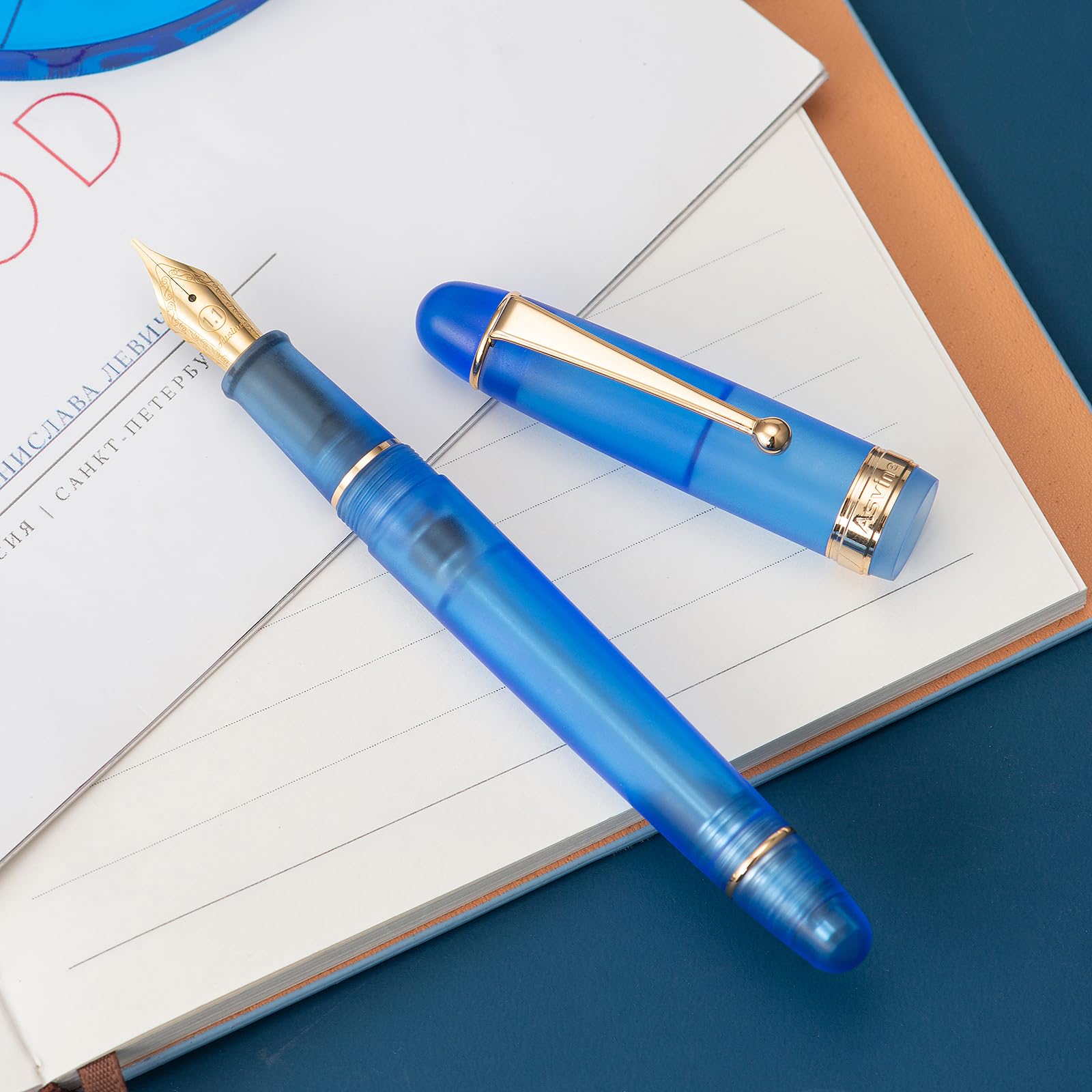 Asvine V126 Bolígrafo de llenado de vacío, Pluma corta de acrílico azul helado de 1,1 mm para caligrafía, arte y dibujo con estuche