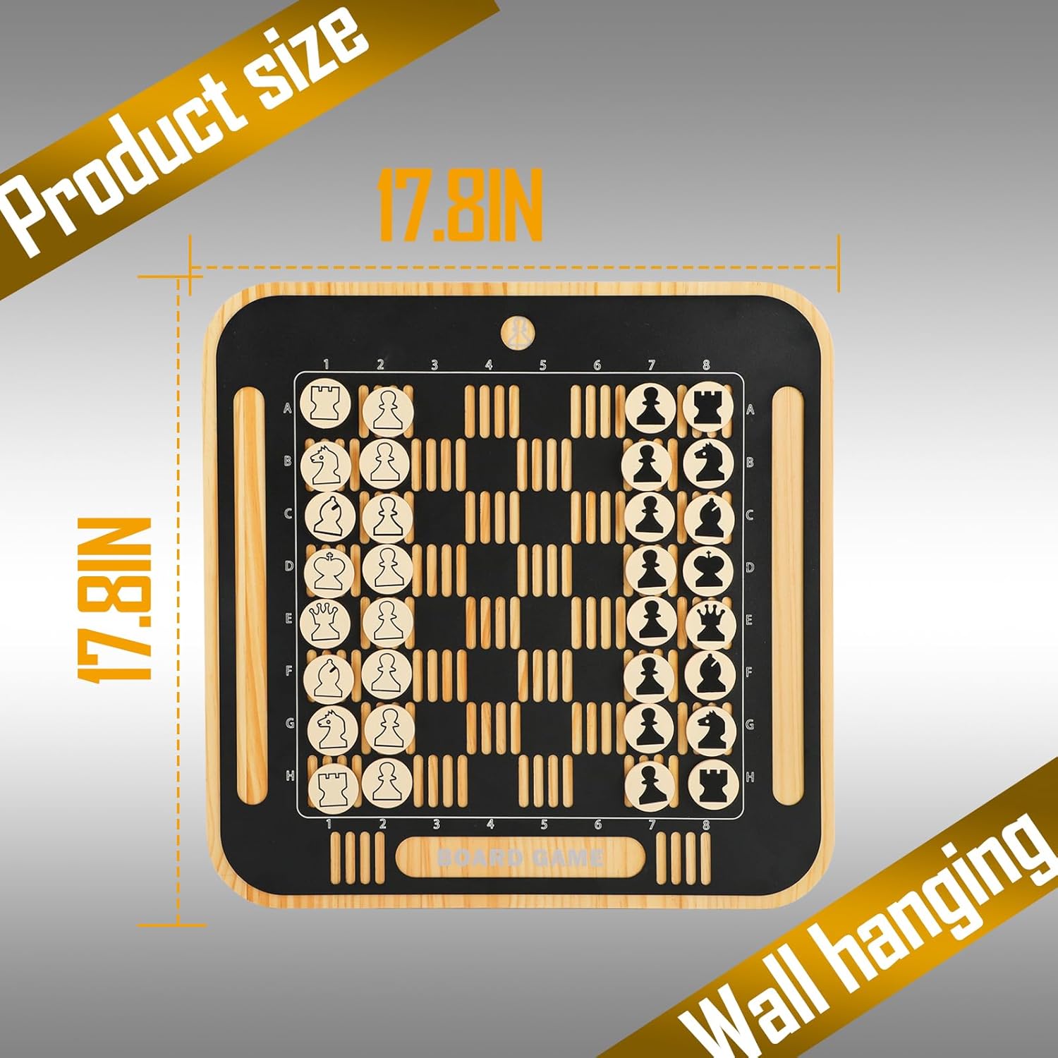 Home Wall Chess Board Game Room Furniture Decor Deluxe Chess Set Pine Chessboard Covered with Exquisite Carved Metal Layers. Equipped with Chess Pieces and Storage Bags