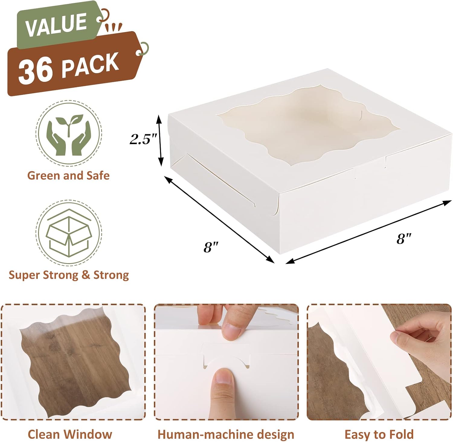 TOMNK 36pcs 8x8x2.5 Inch Cookie Boxes with Window White Bakery Boxes Pastry Boxes Dessert Boxes for Pie Chocolate Strawberries Muffins Donuts and Party Favor