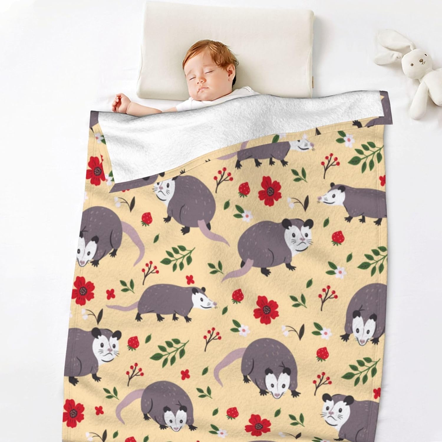 Opossum Throw Blanket for Human, 60" x 50" Flannel Cute Opossums Themed Yellow Throw, Soft Nap Throw Blanket for Home Boys Girls Women Possum Lovers Gifts