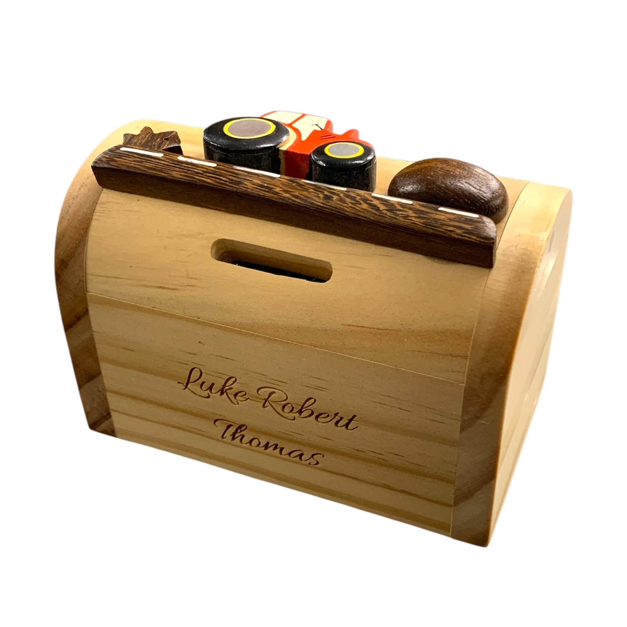 Personalised Red Tractor Wooden Money Box - Engraved With Any Name/Message