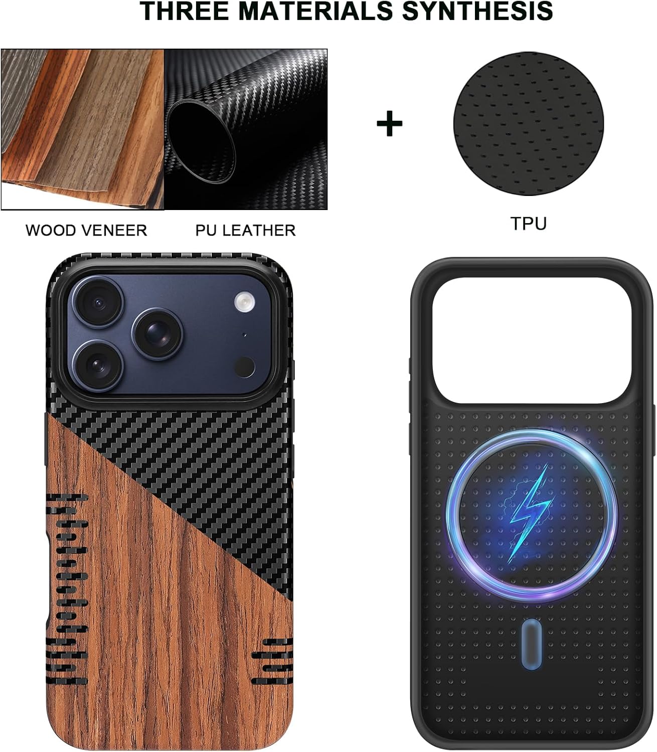 TENDLIN Magnetic Case Compatible with iPhone 17 Pro Max Case Wood Grain with Carbon Fiber Texture Design Leather Hybrid Slim Cover (Compatible with MagSafe) Twill - Image 2