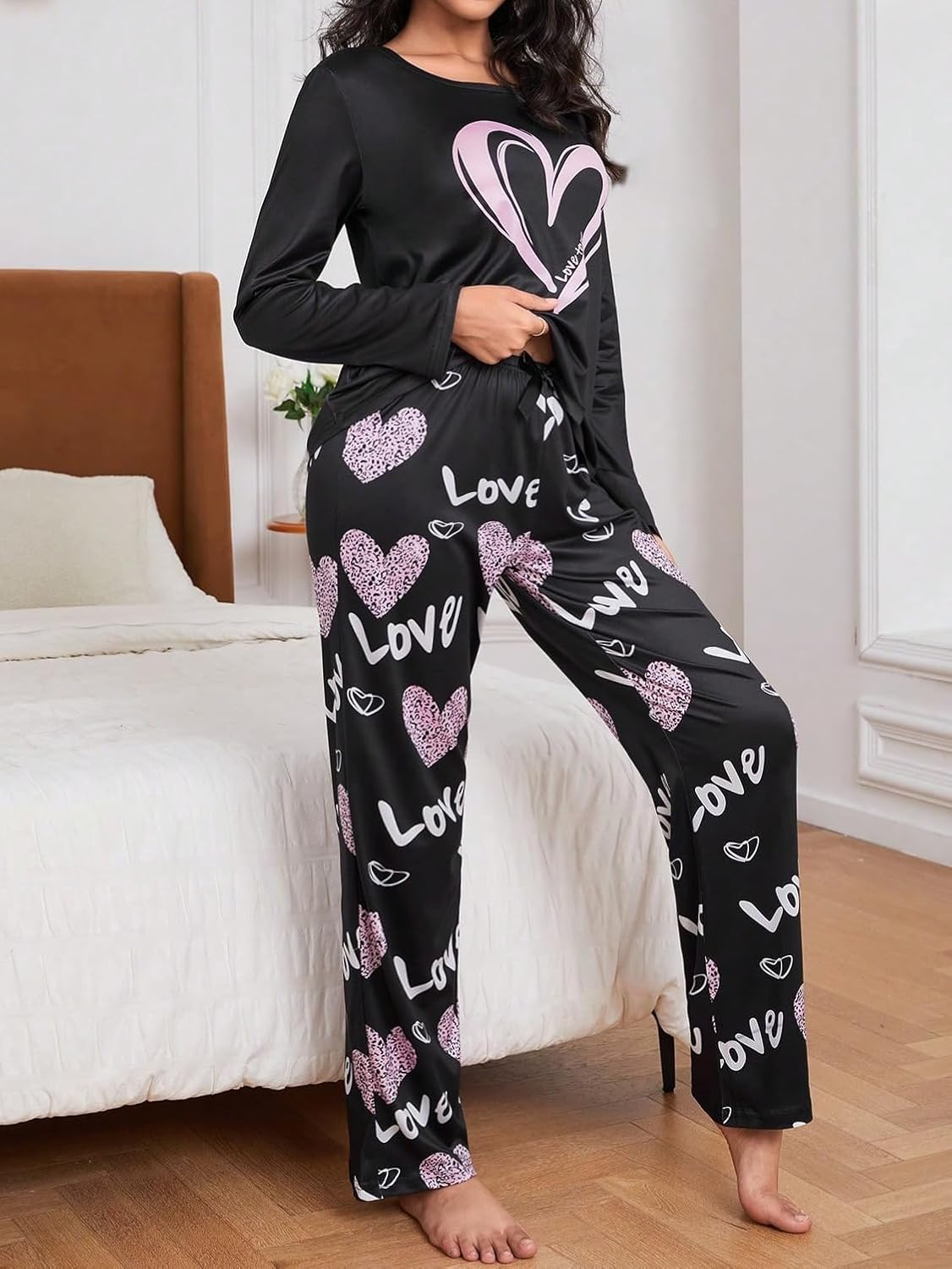 OYOANGLE Women's Pajama Sets 2 Piece Heart Printed Soft Pjs Long Sleeve Tops and Pants Sleepwear Sets - Image 3