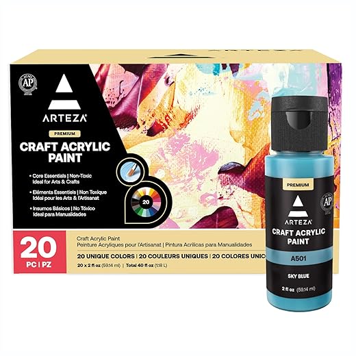 ARTEZA Craft Acrylic Paint, 2oz/60 ml Bottles, Water-Based, Matte Finish Paints,Art Supplies for Art & DIY Projects on Glass, Wood, Ceramics, Fabrics, Leather, Paper,Mulitcololored,2 Fl Oz(Pack of 20)