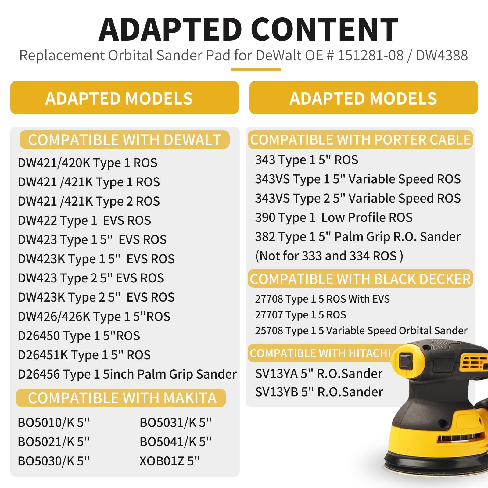 Almohadillas de repuesto para lijadora orbital Dewalt, paquete de 4 almohadillas de 5 pulgadas con 8 agujeros para lijadora orbital aleatoria DeWalt DW420 DW421 DW422 DW423 DW426 D26451