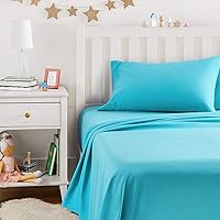 Vista 6 de Yaxa Basics: juego de sábanas para niños de microfibra suave y ligera, fácil de lavar, 3 piezas, tamaño Twin, Aqua brillante, diseño sólido