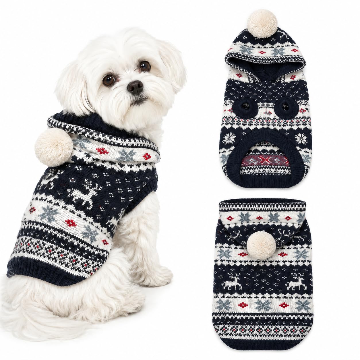 Fenralomi Dog Christmas Sweater Hooded Dog Jumper Warm Knitted Winter Coat