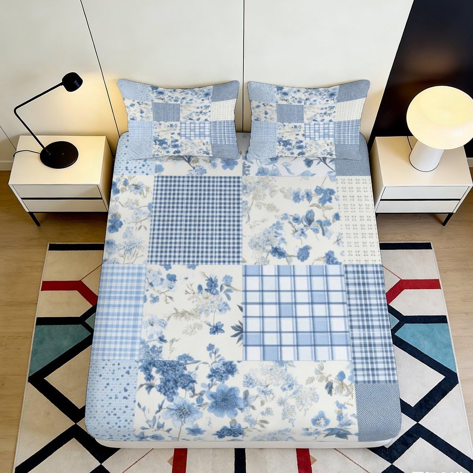 3D Printed Blue Patchwork Fitted Sheet Microfiber Soft Geometric Floral Bed Cover for Bedroom Guest Room Easy Care 90x200x25cm