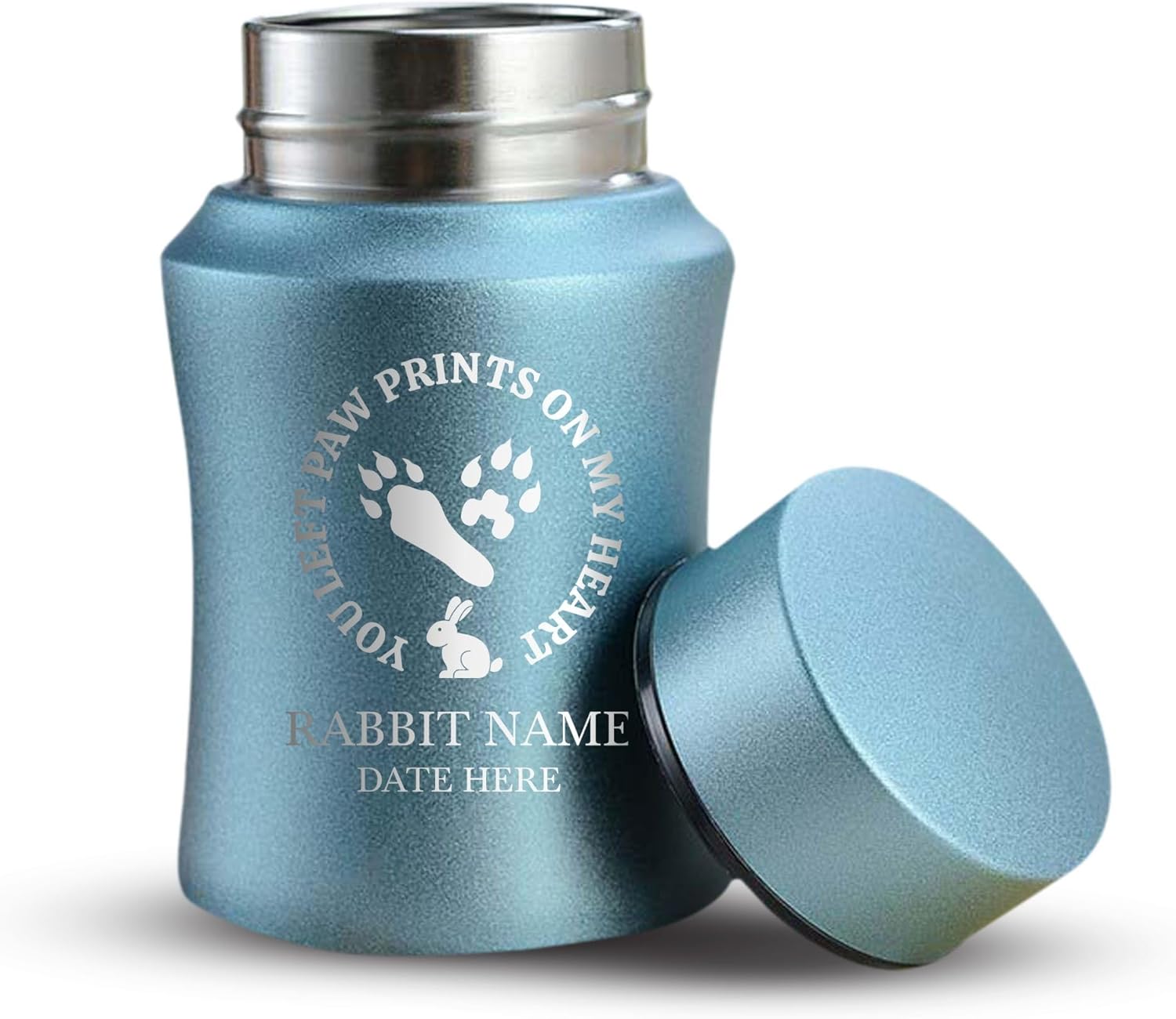 Customized Small Keepsake Rabbit Urn Personalized Engraved with Rabbit Name and Text - 4" Steel Cremation Mini Compact Urn for Rabbit Ashes, Powder Blue, 5–10 lb Capacity | Rabbit Paw Print