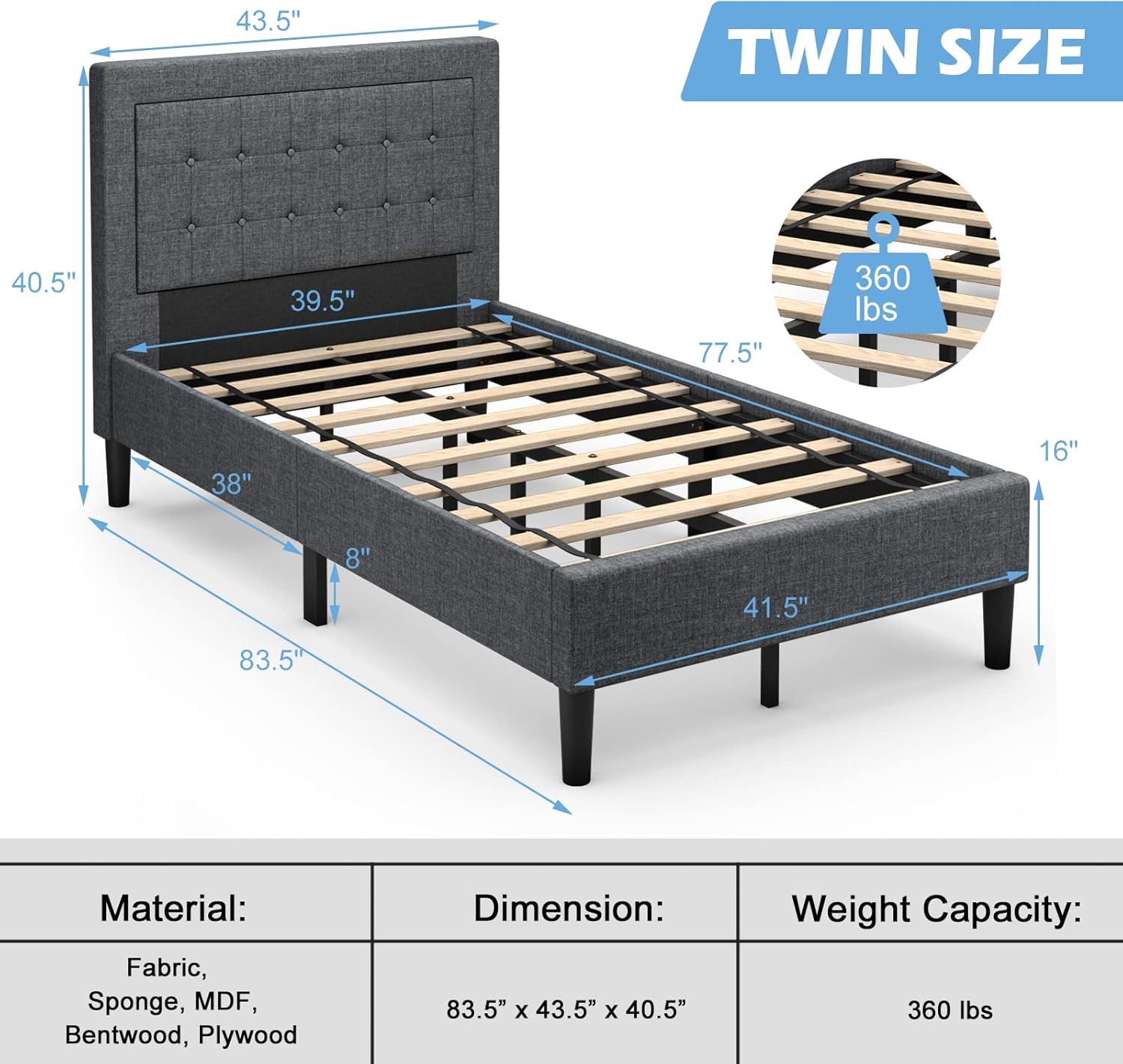 KOTEK Upholstered Bed Frame Twin Size, Modern Platform Bed with Button-Tufted Headboard, Strong Wooden Slats, No Box Spring Needed, Mattress Foundation, Grey