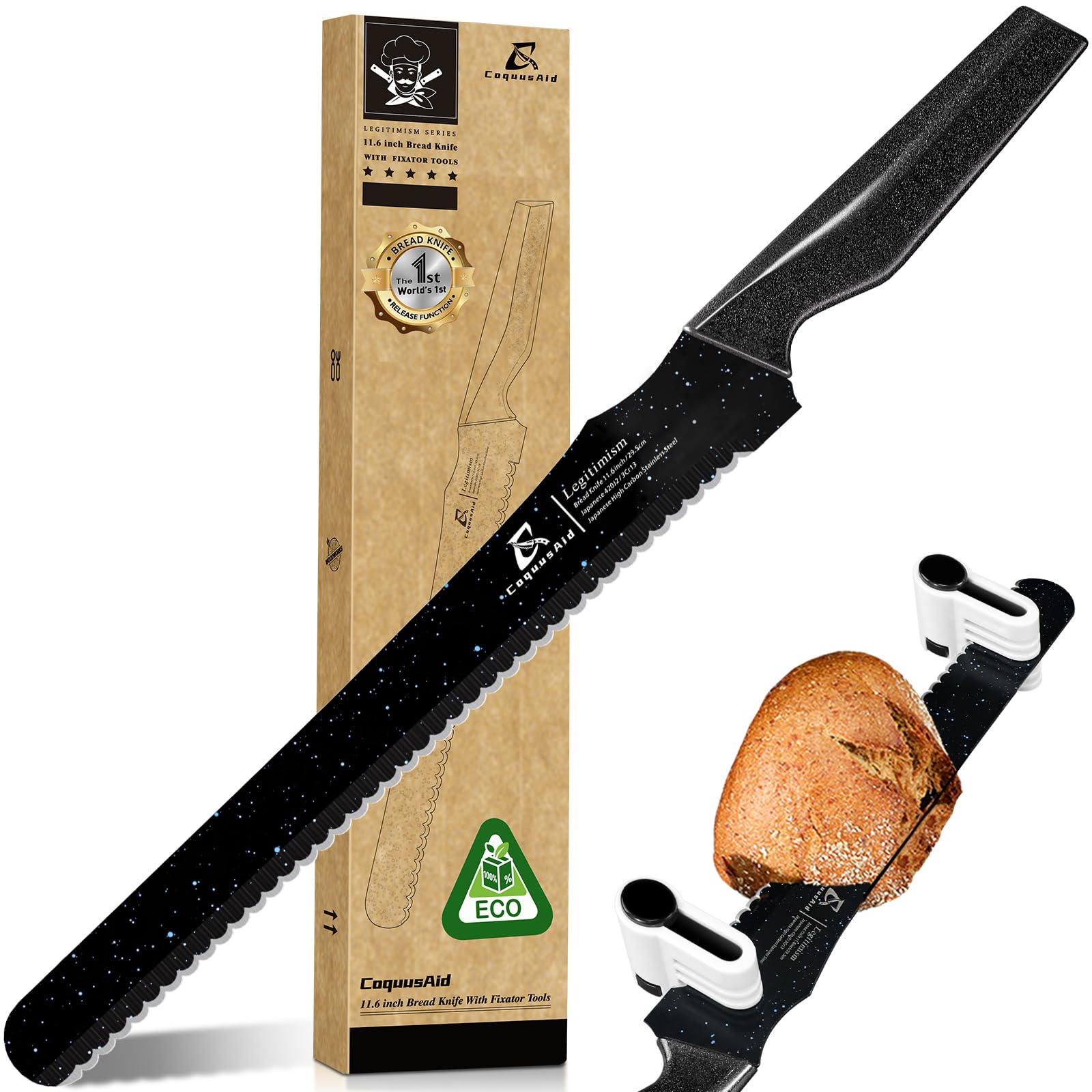 Resharpenable Bread Knife for Homemade Bread, 11.6-Inch Multifunction Serrated Knife with 5 Thickness Adjustable Slicing Guide, Stainless Steel Bread Cutter, Razor Sharp for Sourdough, Black