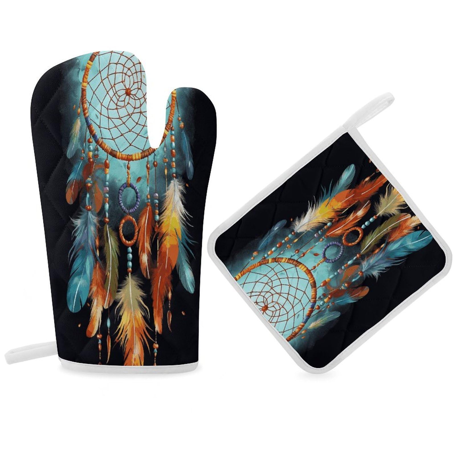 Fodpand Women's Style Feathers Dream Catcher Oven Mitts And Pot Holders Sets,Oven Gloves For Kitchen Oven Mitts And Potholders For Baking Cooking Grilling Apartment Essentials
