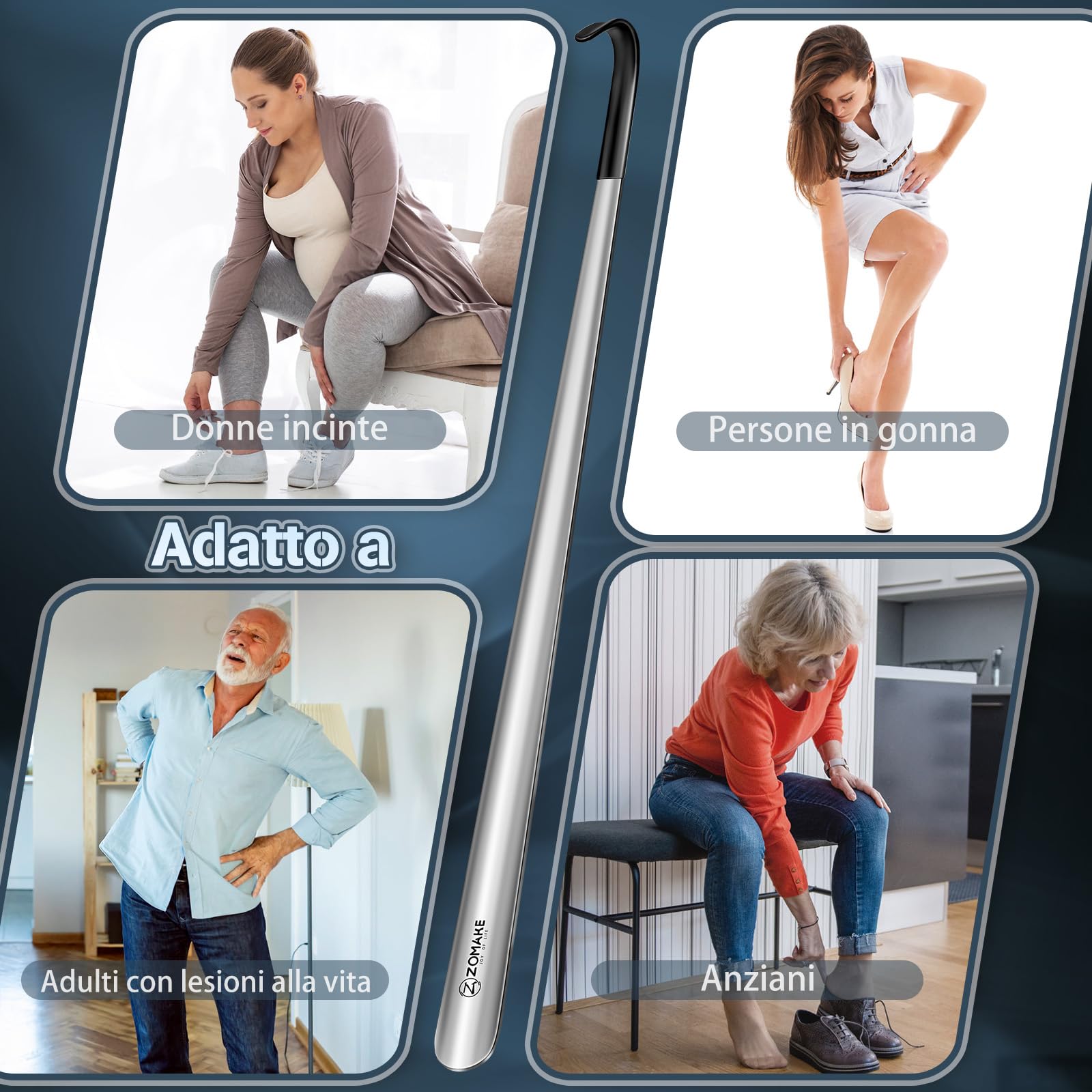 ZOMAKE Calzascarpe Lungo, Calza Scarpe Metallo Extra Lungo, Calzante per Scarpe Acciaio Inossidabile, Shoe Horn per Uomini Donne Anziani
