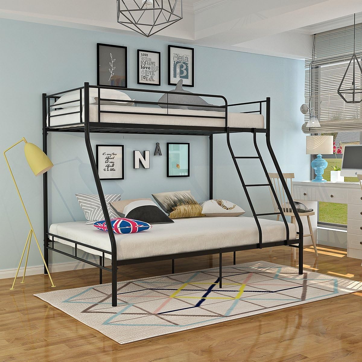 Lit superposé 3 Places en métal 90 x 200 cm et 140 x 200 cm, Lit pour Enfants et Adultes Chambre à Coucher Maison, Noir