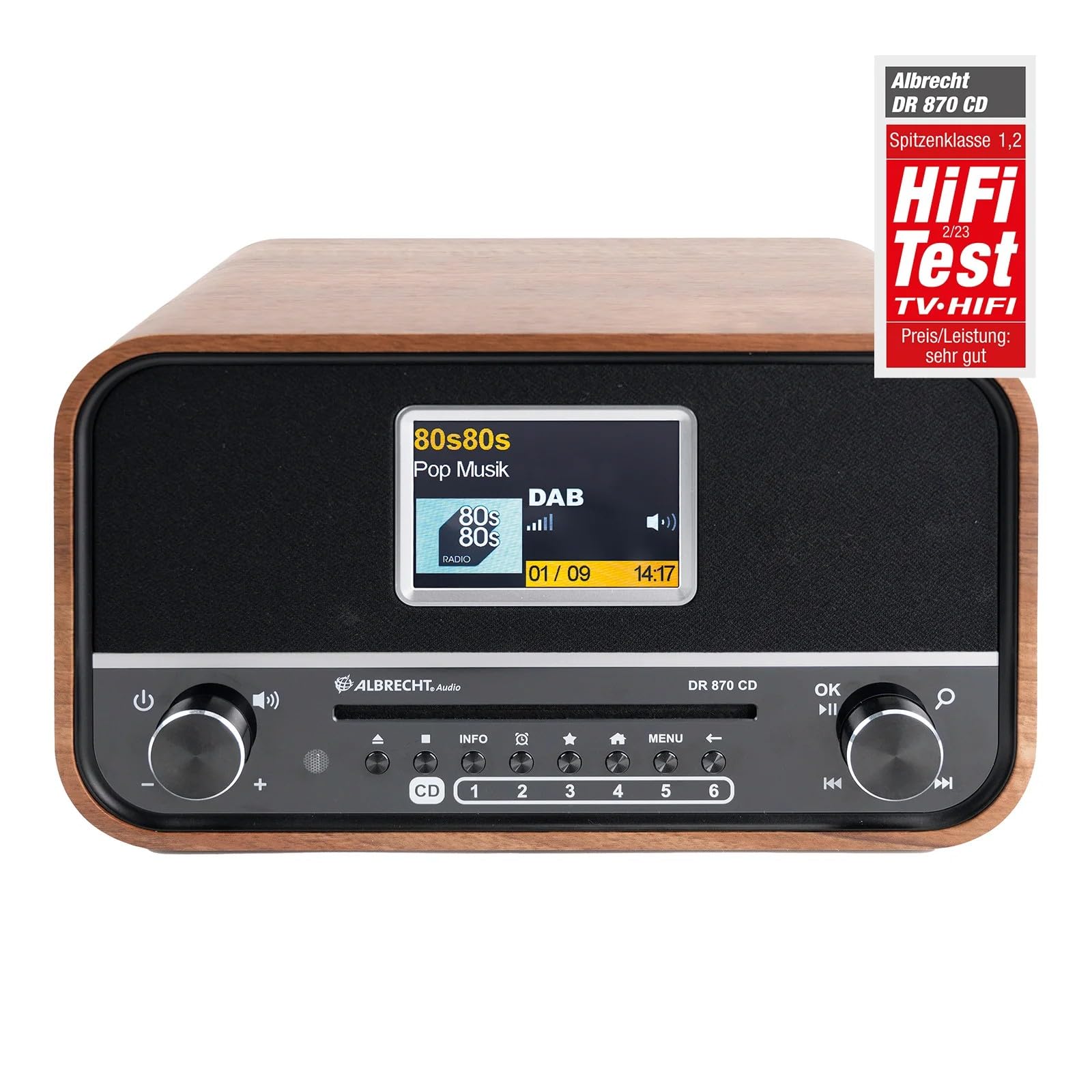 [HiFi Test SEHR GUT, Spitzenklasse 1,2*] Albrecht DR 870 CD Seniorenradio, DAB+/ UKW/CD/USB Radio, Tischradio, Bluetooth®, Weckfunktion, inkl. Fernbedienung, Walnuss, Schwarz