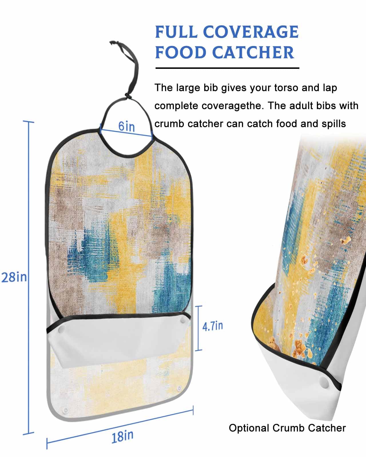 LEOKOTI Yellow Blue Adult Bibs for Eating, Waterproof Bibs with Food Catcher & Adjustable Snap Closure, Middle Century Oil Painting Abstract Washable Clothing Protectors Adult Bibs for Elderly