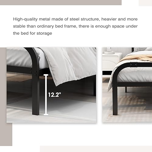 Miniatura 5 de alazyhome Plataforma de metal resistente tamaño individual XL, base de cama con cabecero y estribo, soporte de acero resistente, no necesita somier,