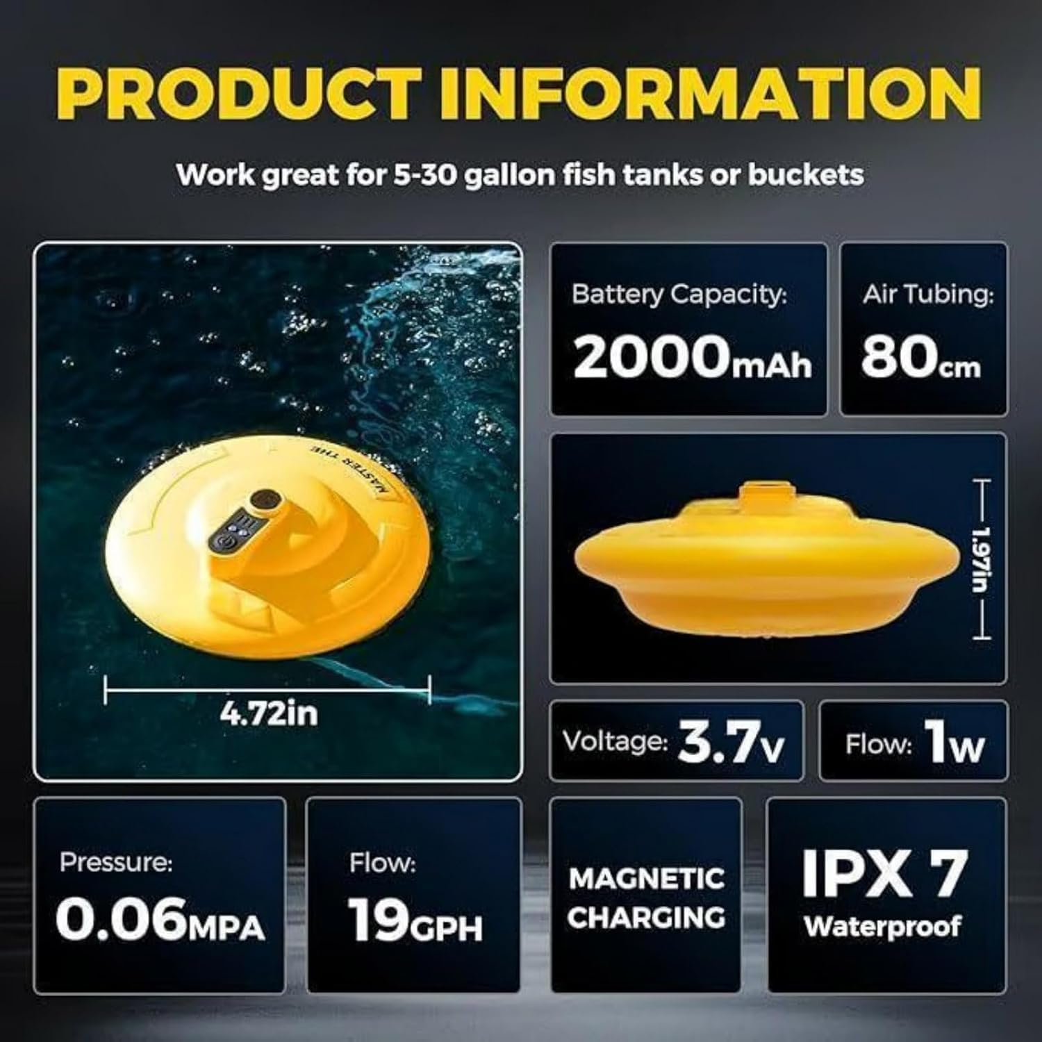 IPX7 Floating & Rechargeable Bait Bucket Aerator, 14H Portable Battery Powered Bait Bucket with Aerator for Aquarium Fish Tank Air Pump Bubbler Outdoor Fishing