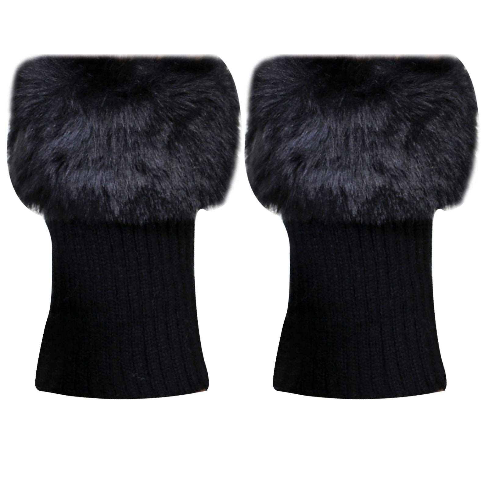La Huate Women's Black Faux Fur Boot Cuff Socks Soft Knitted Leg Warmers Stretchy Boot Toppers,