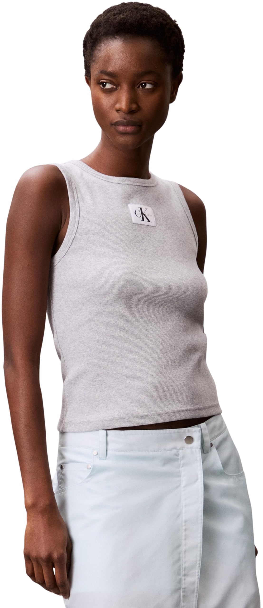 Calvin Klein Women’s Woven Label Cotton Rib Tank Top with Logo, Grey (Bc06 Grey Heather), XS