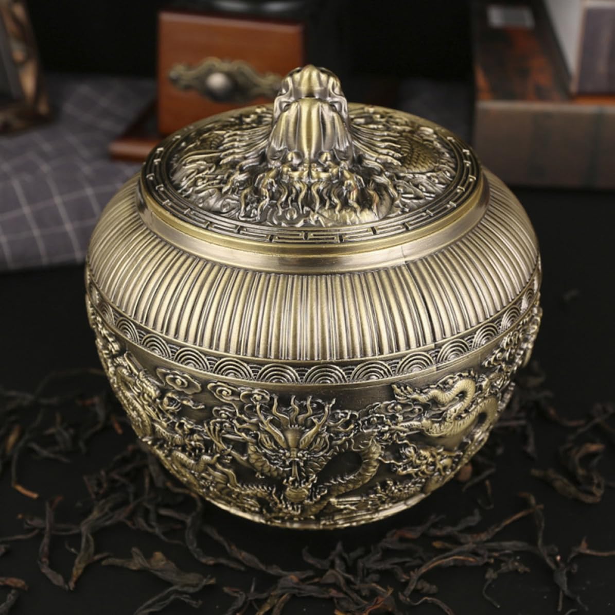 Uonlytech Tarro de Té de Aleación Dorado Tapa y Diseño Retro Dragón