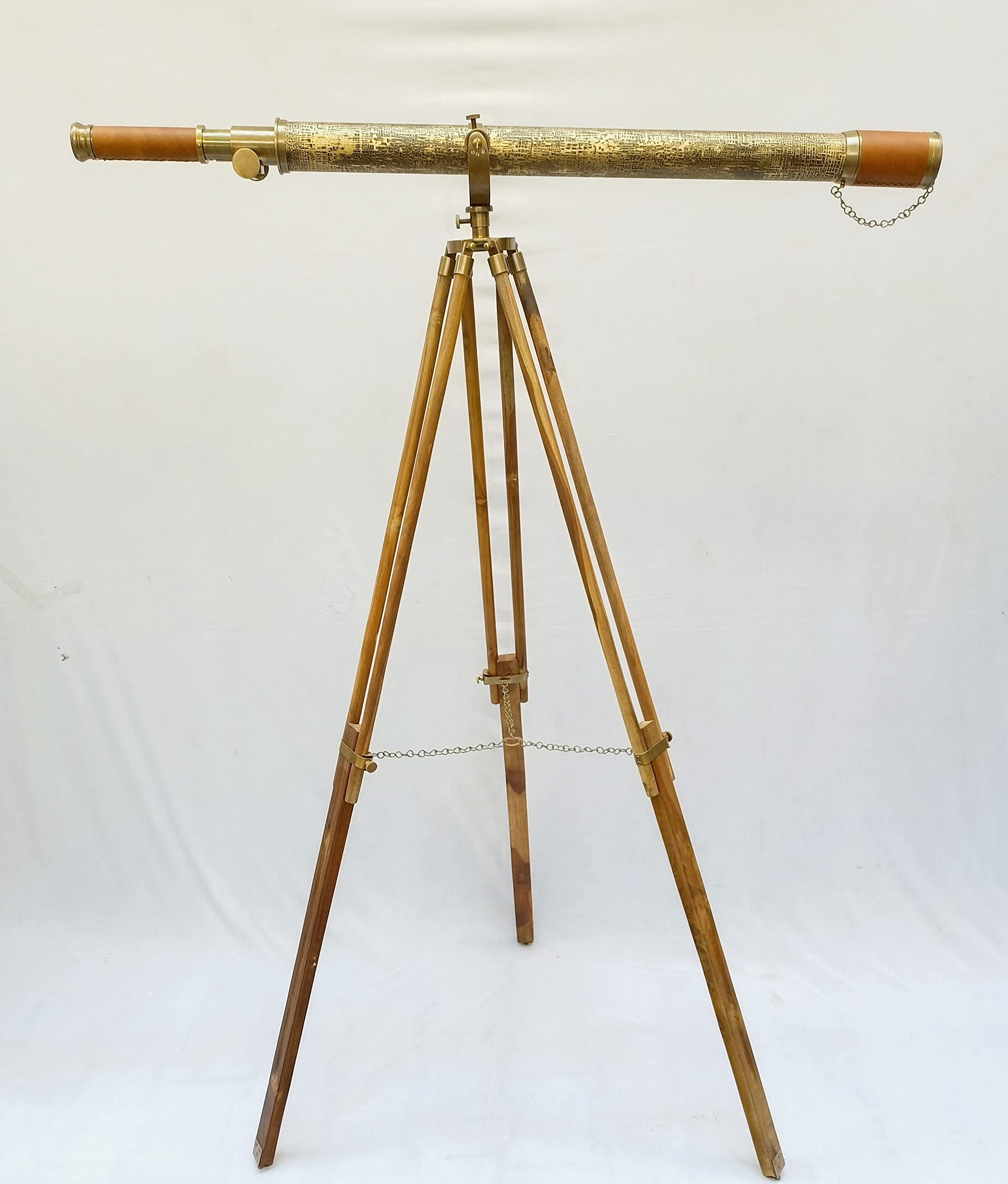 Vinatge Solid Antique Brass Marine Navy Telescope Texture Leather Sheathed Tube Floor Standing Wooden Tripod Handcrafted Spyglass Home Office Décor 64''
